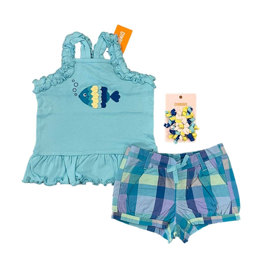 NWT Gymboree Girls Fish Peplum Tank Top, Plaid Shorts & Clips - 12-18M